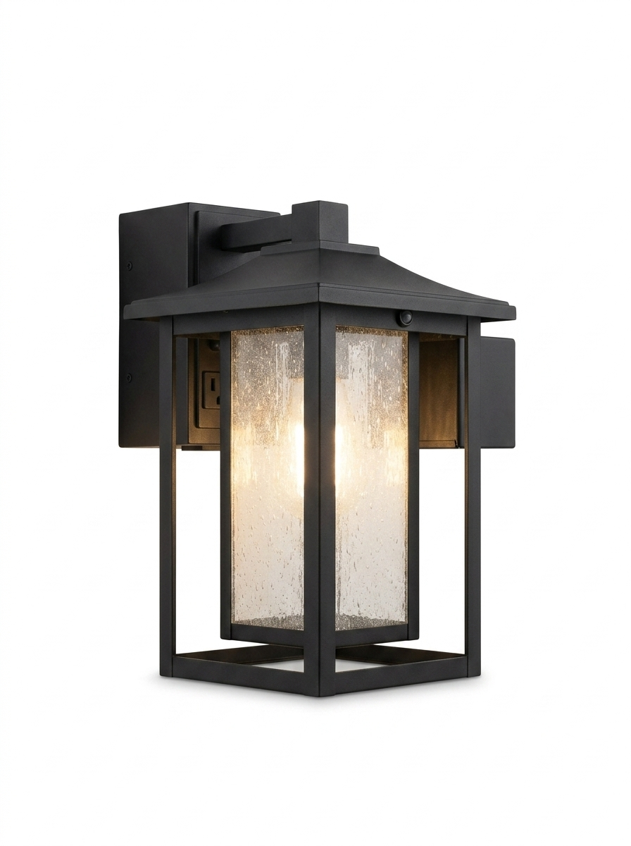 Dusk to dawn outdoor wall lantern with GFCI — studio white