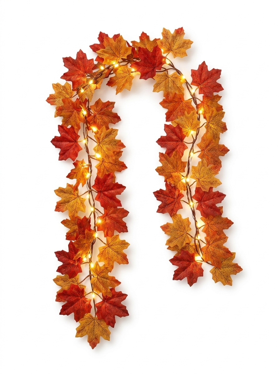 Lighted Fall Garland with Maple Leaves — studio white