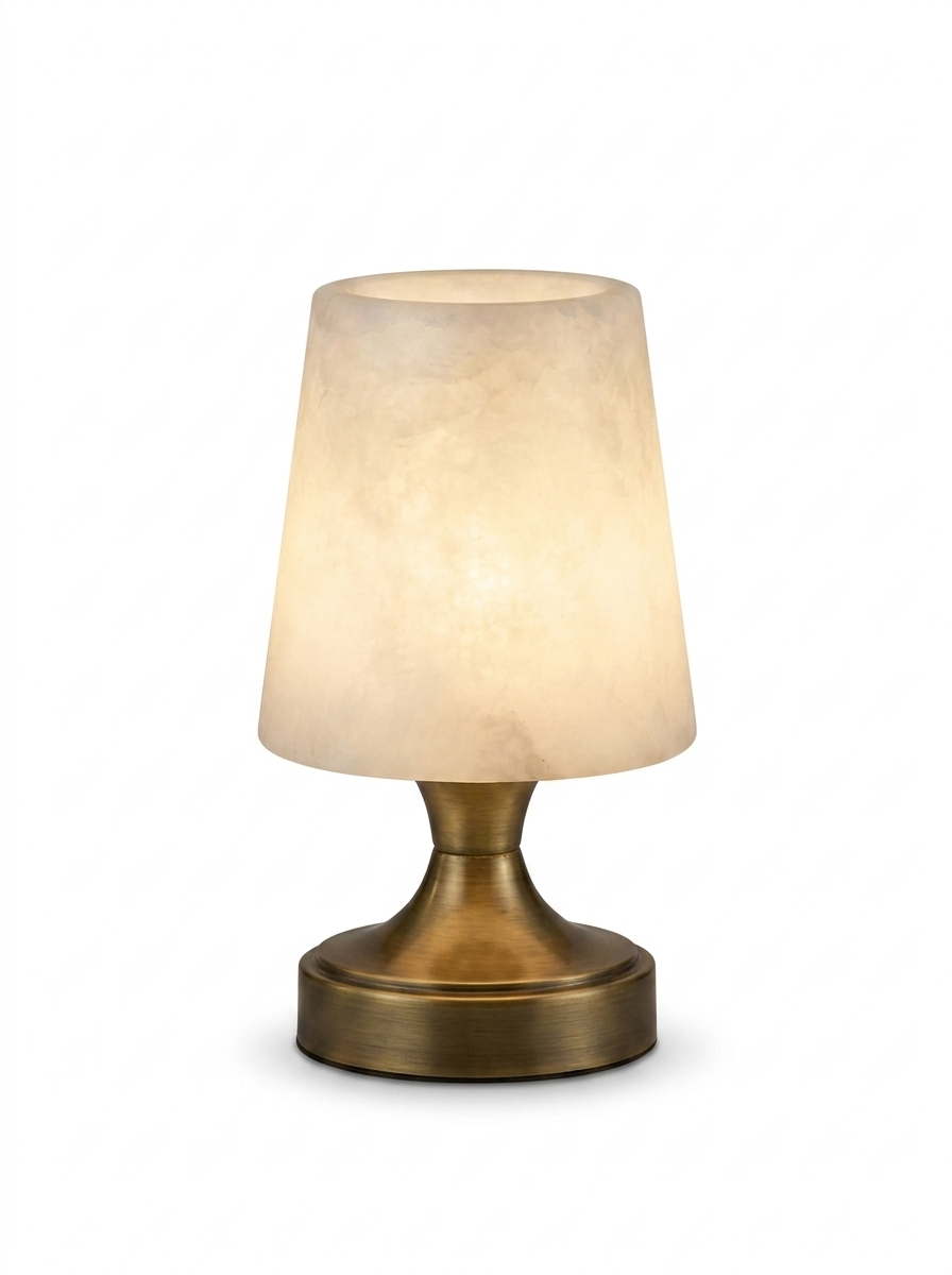 Alabaster cordless rechargeable mini table lamp on a studio white background