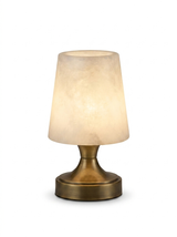 Alabaster cordless rechargeable mini table lamp on a studio white background