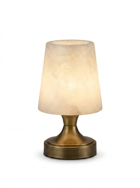 Alabaster cordless rechargeable mini table lamp on a studio white background