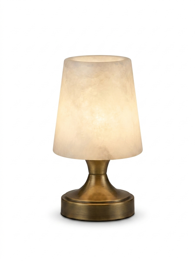 Alabaster cordless rechargeable mini table lamp on a studio white background