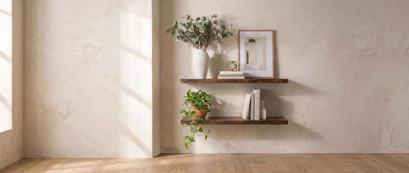 Ridge floating shelves styled on a plaster wall