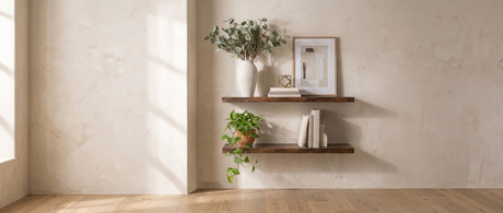 Ridge floating shelves styled on a plaster wall