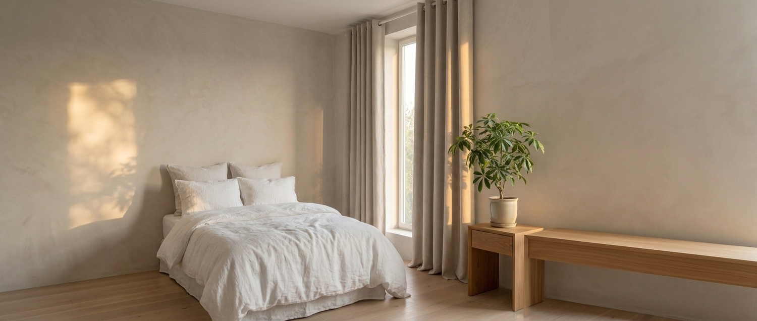 Linden linen curtains in a warm minimal bedroom