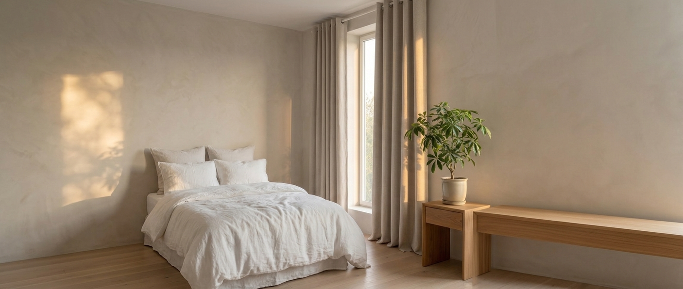 Linden linen curtains in a warm minimal bedroom