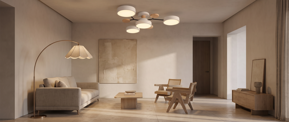Circa multi-arm ceiling light in a warm living room with Arcadia arc floor lamp and Terra Calm canvas — lifestyle