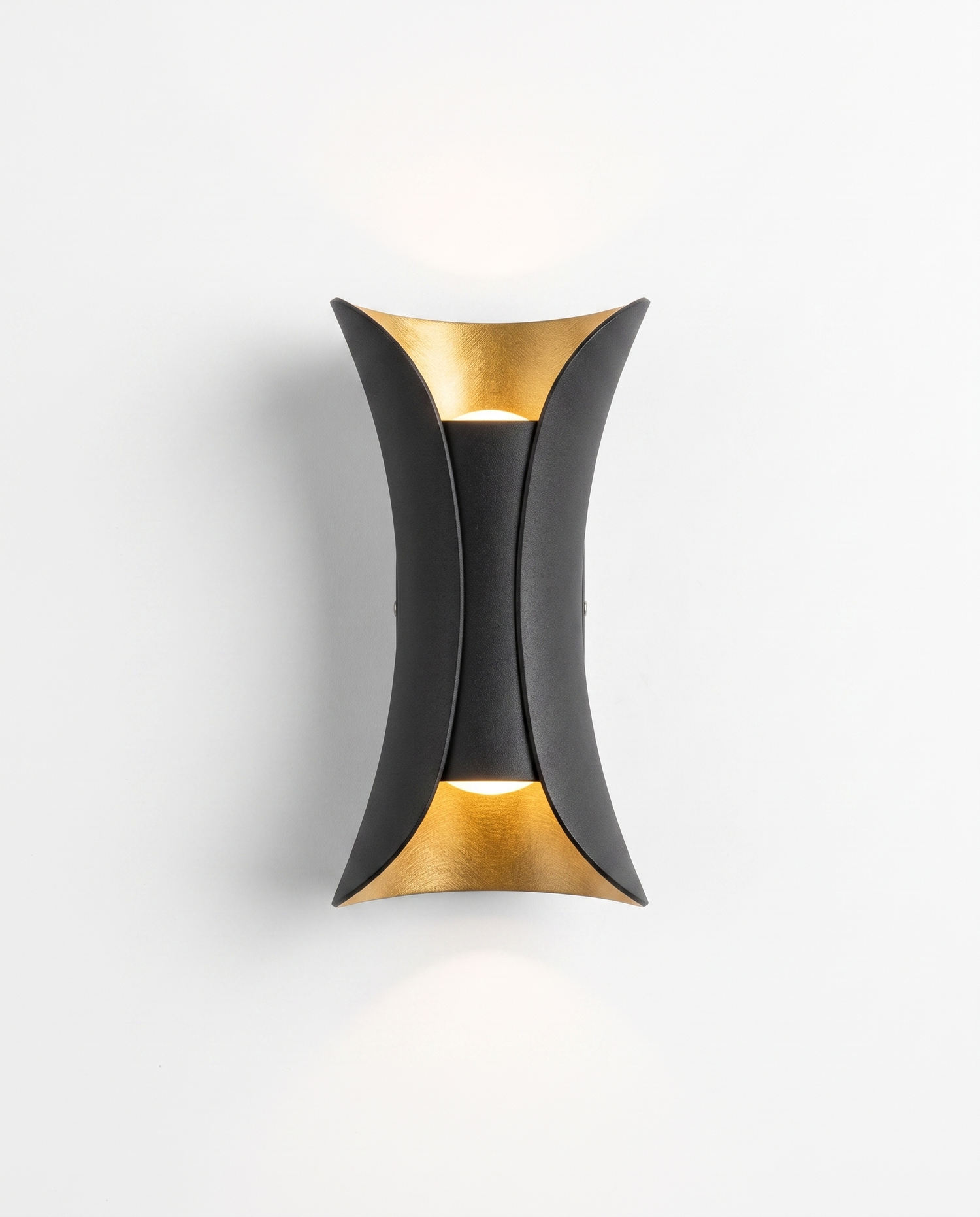 Curved up/down wall sconce, black with gold reflector, studio on white