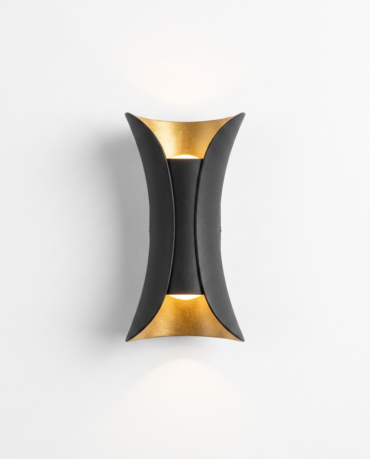 Curved up/down wall sconce, black with gold reflector, studio on white