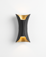 Curved up/down wall sconce, black with gold reflector, studio on white
