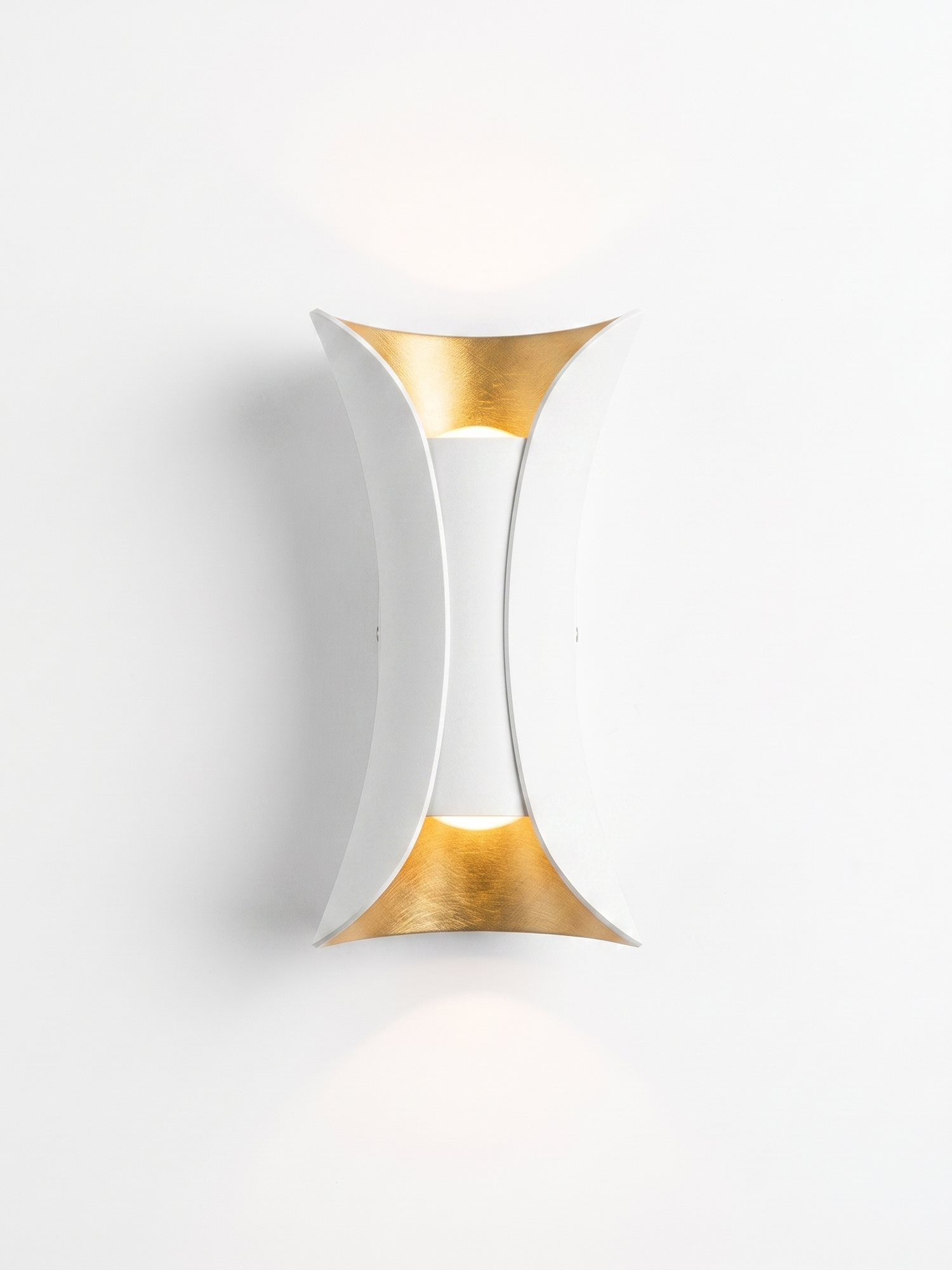 Curved up/down wall sconce, white with gold reflector, studio on white