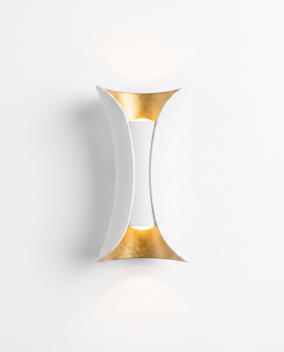 Curved up/down wall sconce, white with gold reflector, studio on white