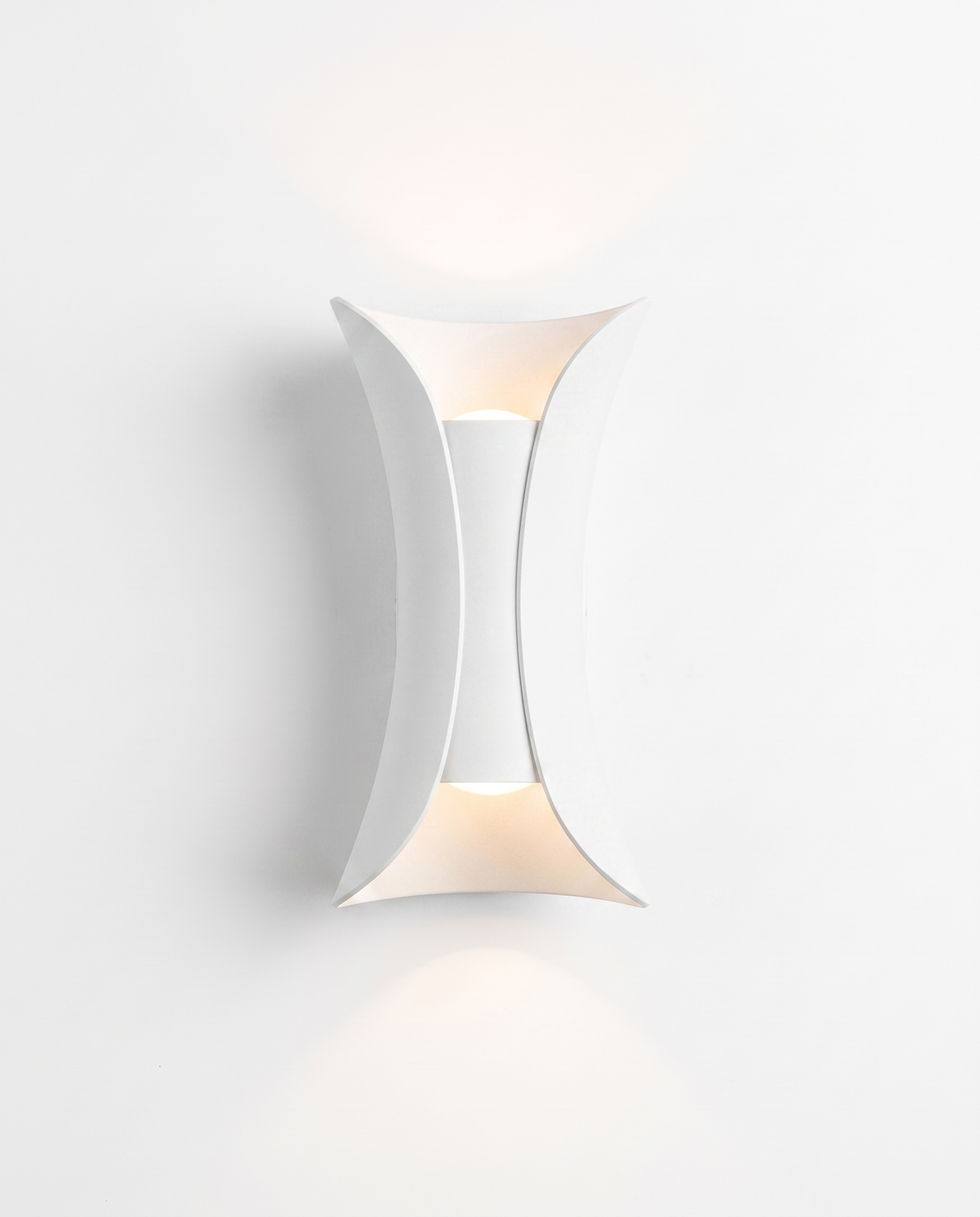 Curved up/down wall sconce, pure white finish, studio on white