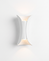Curved up/down wall sconce, pure white finish, studio on white