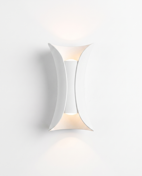 Curved up/down wall sconce, pure white finish, studio on white
