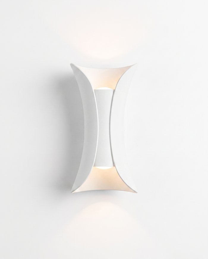 Curved up/down wall sconce, pure white finish, studio on white