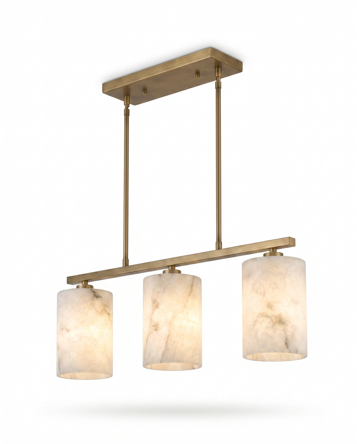 Alba alabaster chandelier, three-quarter studio angle on white