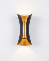 Marlow curved up/down wall sconce, black with gold reflector, studio on white