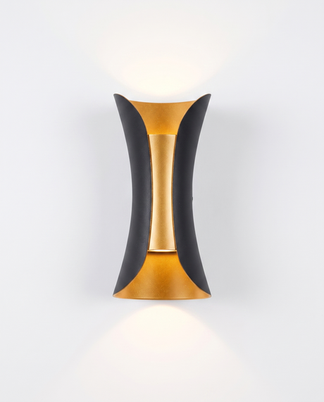 Marlow curved up/down wall sconce, black with gold reflector, studio on white