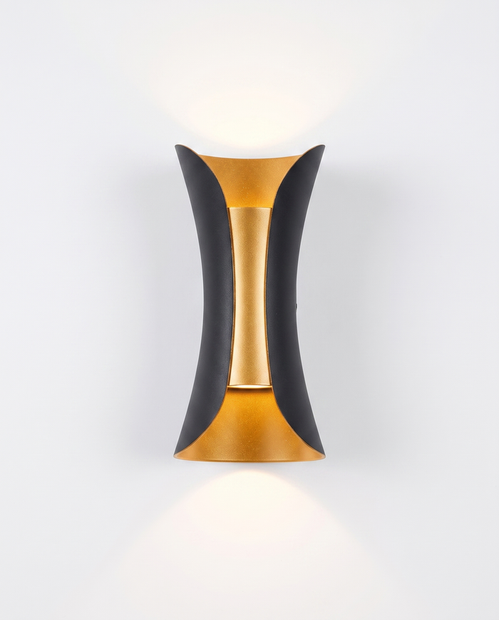 Marlow curved up/down wall sconce, black with gold reflector, studio on white
