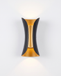 Marlow curved up/down wall sconce, black with gold reflector, studio on white