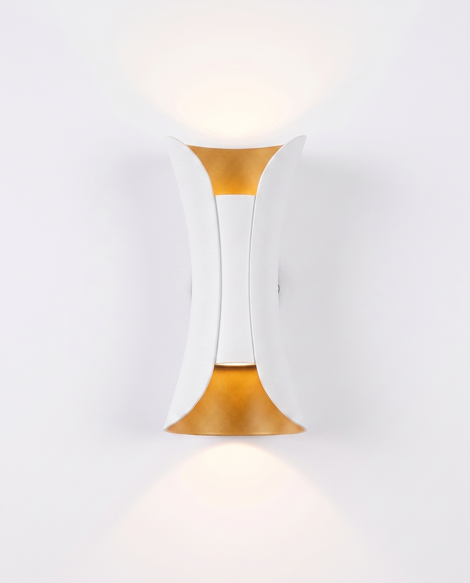 Marlow curved wall sconce, white with gold reflector, studio on white