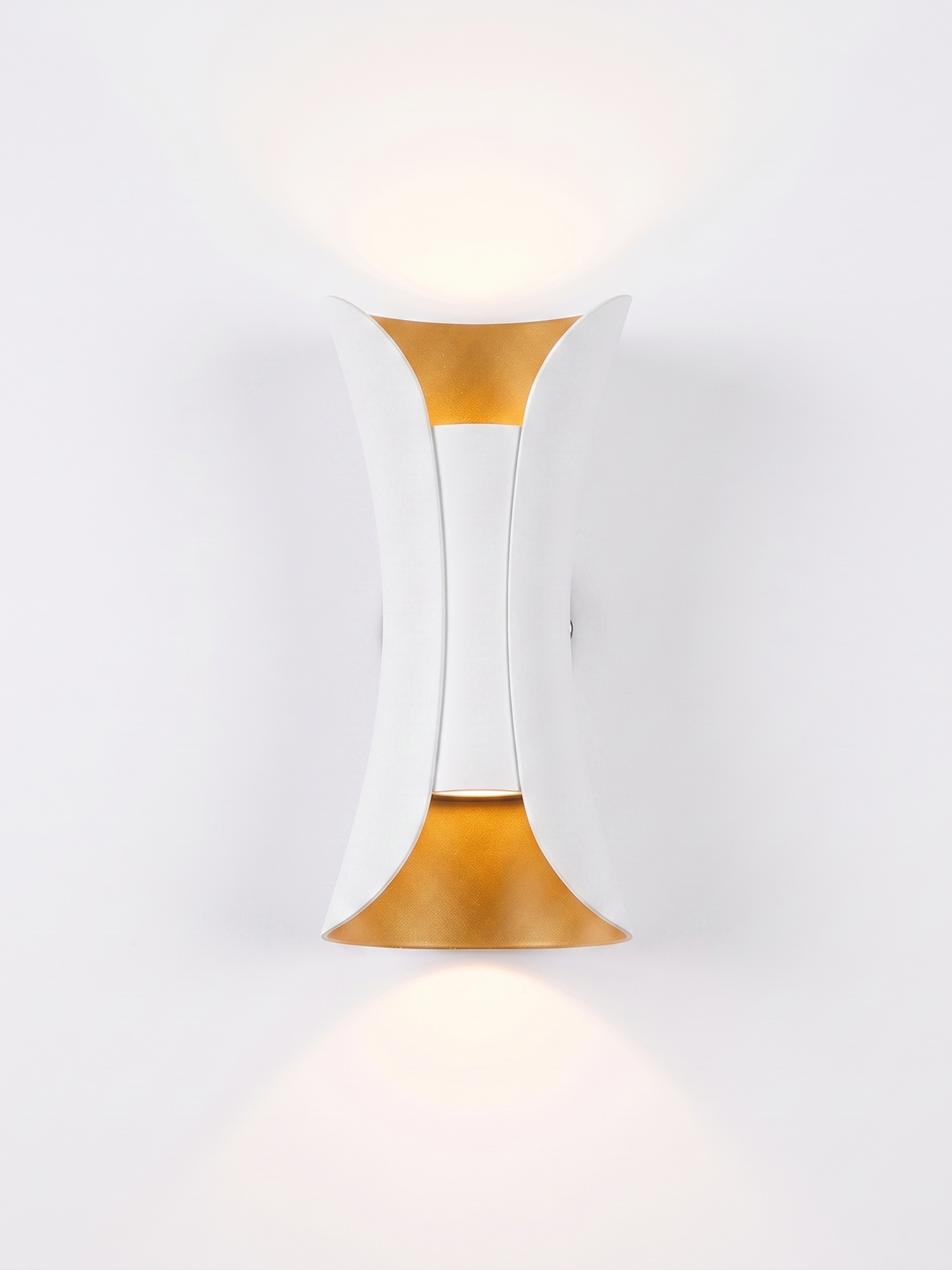Marlow curved wall sconce, white with gold reflector, studio on white