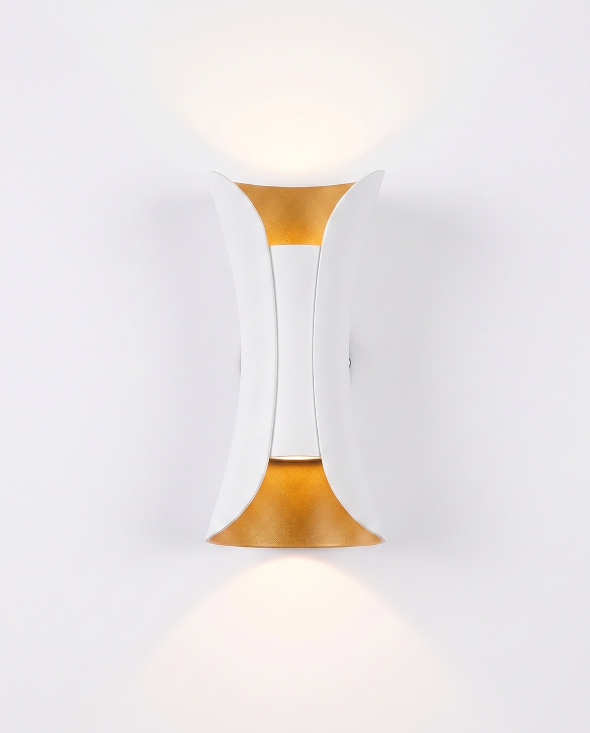 Marlow curved wall sconce, white with gold reflector, studio on white