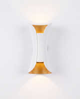 Marlow curved wall sconce, white with gold reflector, studio on white