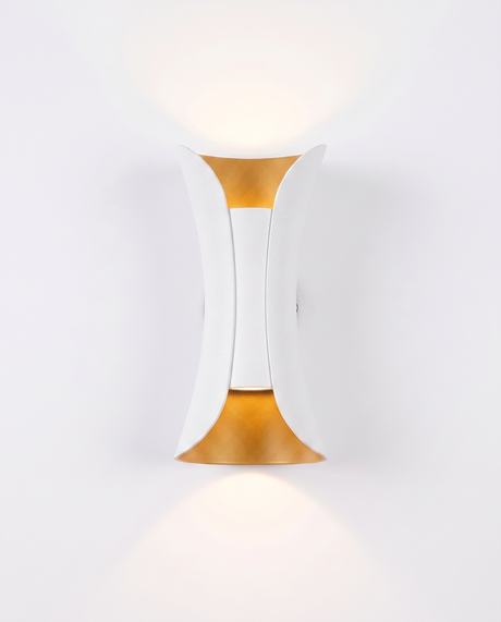 Marlow curved wall sconce, white with gold reflector, studio on white