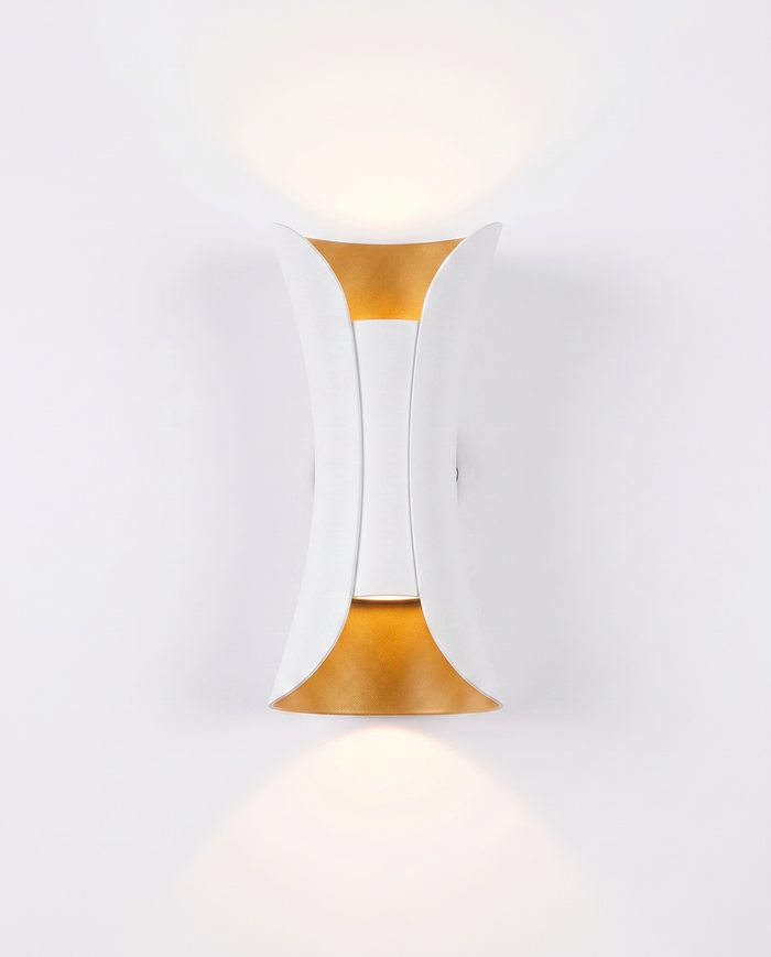 Marlow curved wall sconce, white with gold reflector, studio on white