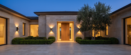 Marlow sconces washing a limestone estate entrance at dusk — lifestyle
