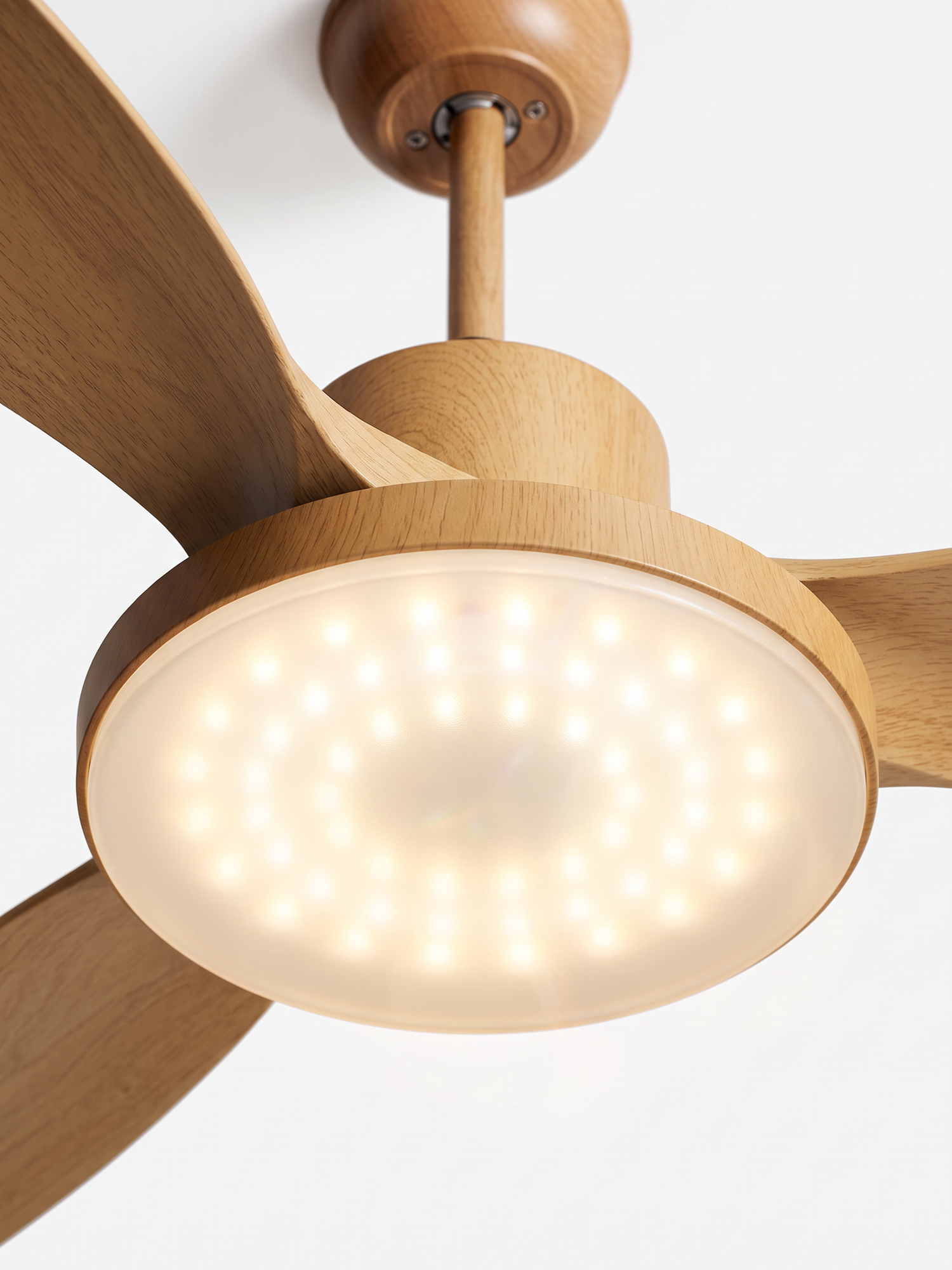Integrated warm LED light and hub, close-up on white