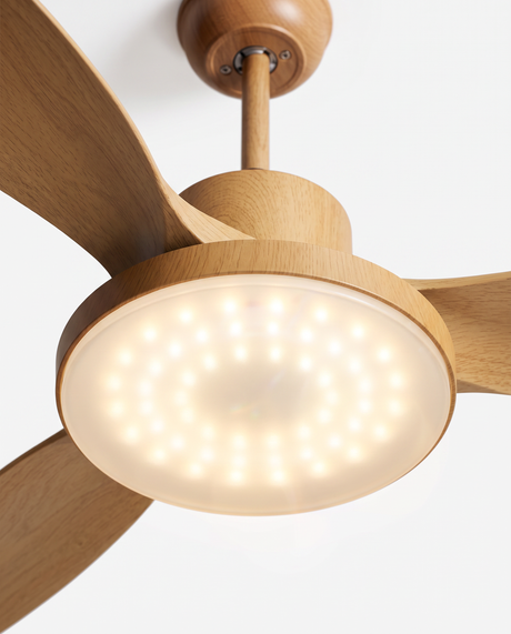 Integrated warm LED light and hub, close-up on white