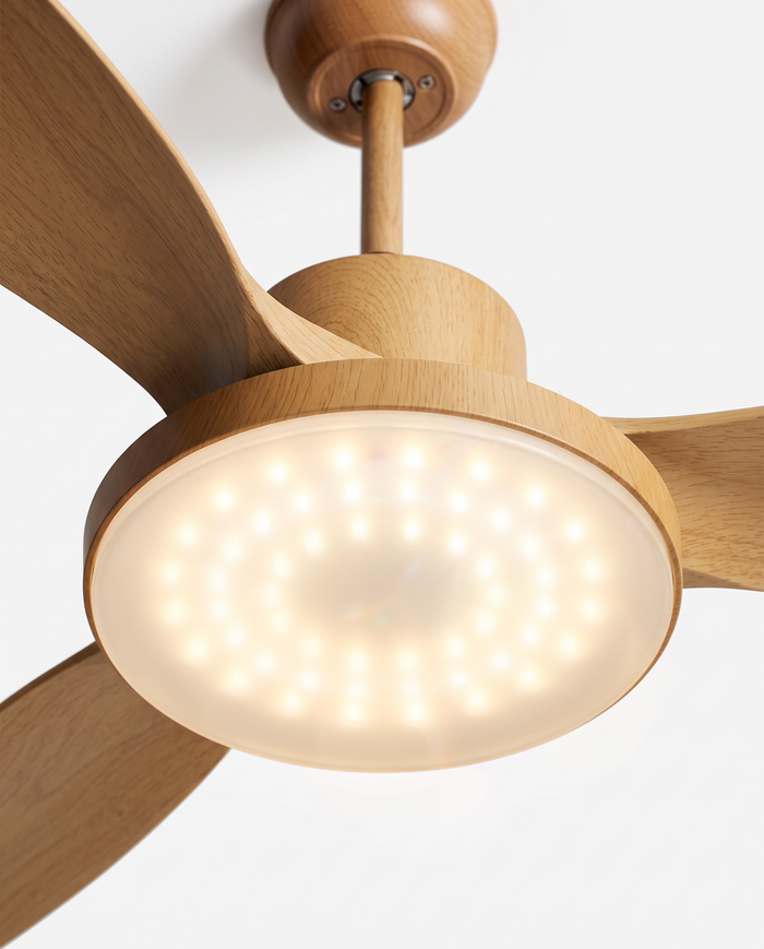 Integrated warm LED light and hub, close-up on white