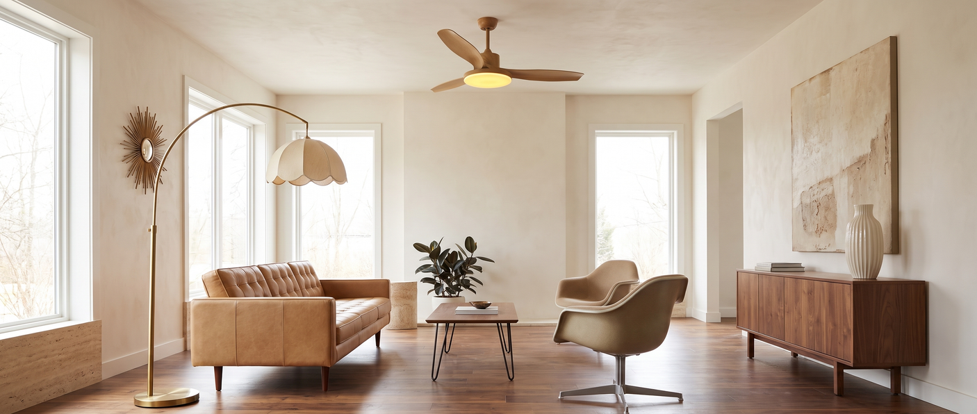 Elm ceiling fan in a mid-century living room with Arcadia floor lamp, Terra Calm canvas and Willa vase — lifestyle