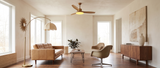 Elm ceiling fan in a mid-century living room with Arcadia floor lamp, Terra Calm canvas and Willa vase — lifestyle