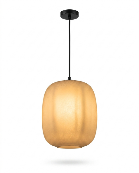 Runa waterproof outdoor pendant lit with warm glow — studio white