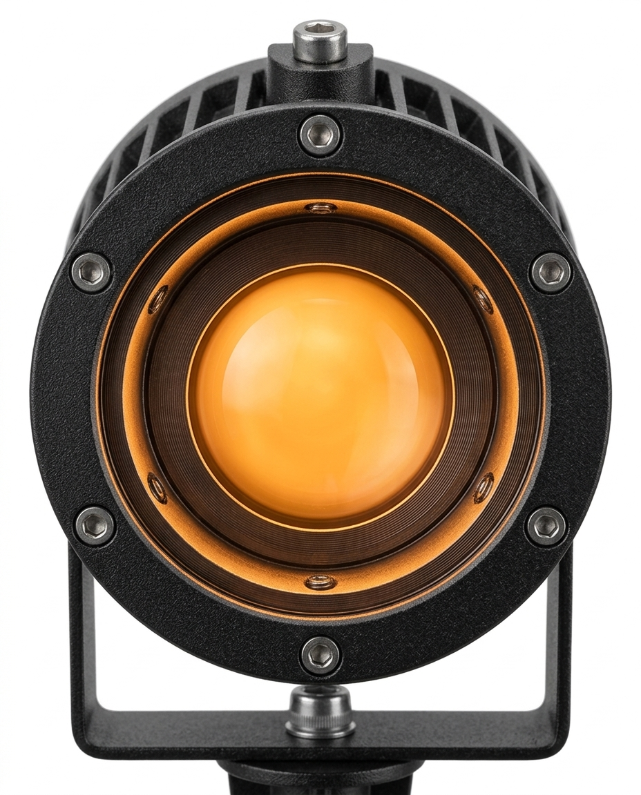 Delia RGB spotlight lens glowing warm amber — studio white