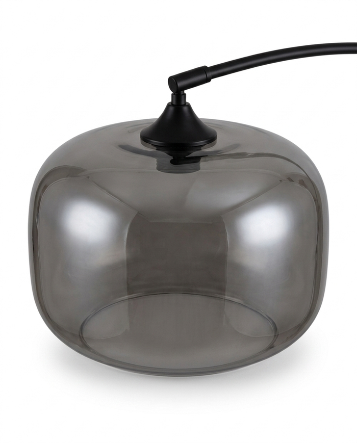 Dara arc lamp smoked-glass shade three-quarter view — studio white