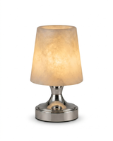 Linnea cordless alabaster mini table lamp in polished nickel on a studio white background