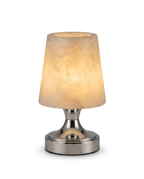 Linnea cordless alabaster mini table lamp in polished nickel on a studio white background