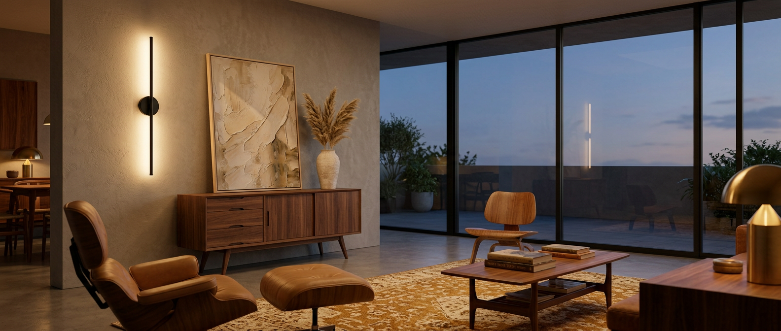 Tarn glowing on a mid-century modern living room wall lifestyle at dusk