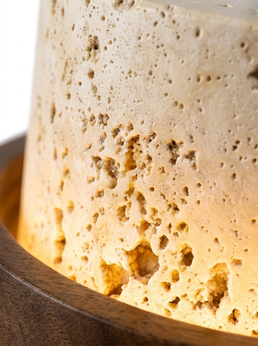 Macro of the natural travertine stone shade glowing warm from within