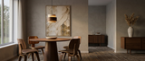 Rune pendant glowing over a mid-century modern dining table lifestyle