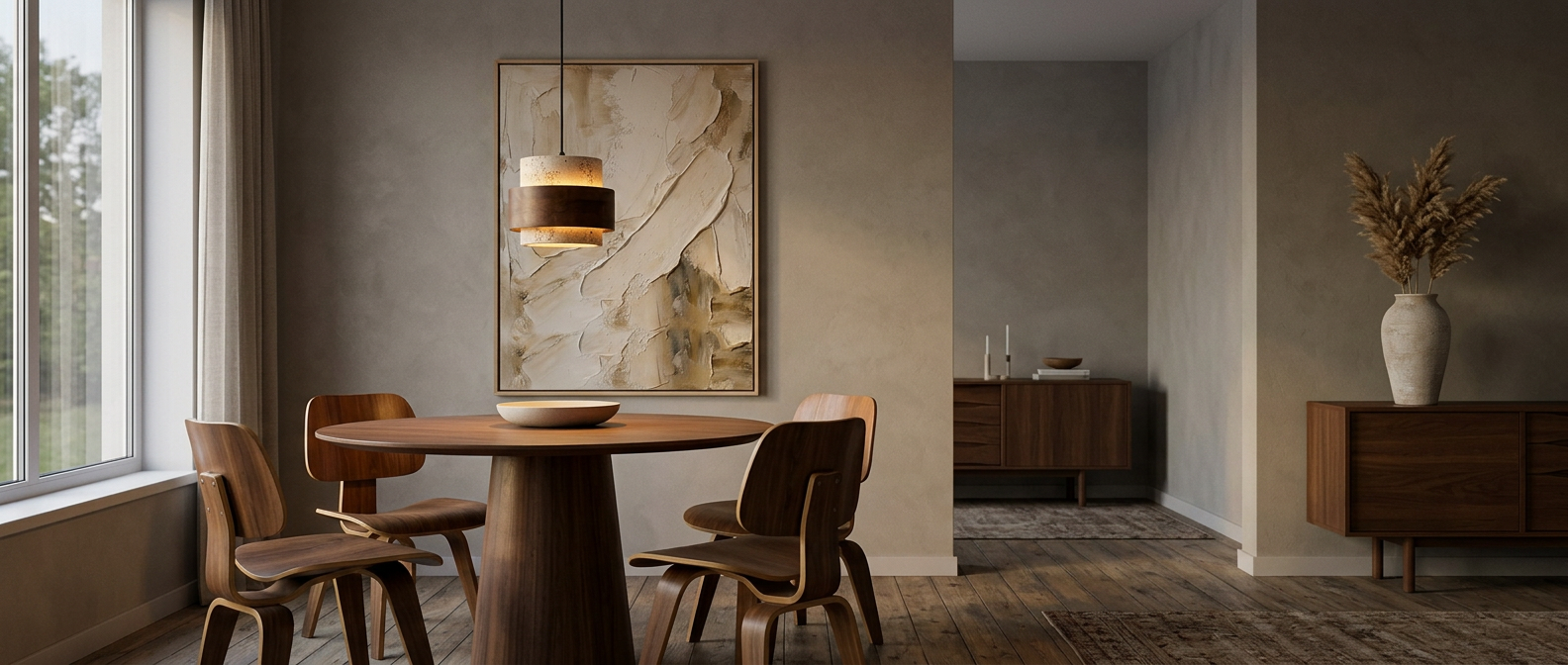 Rune pendant glowing over a mid-century modern dining table lifestyle