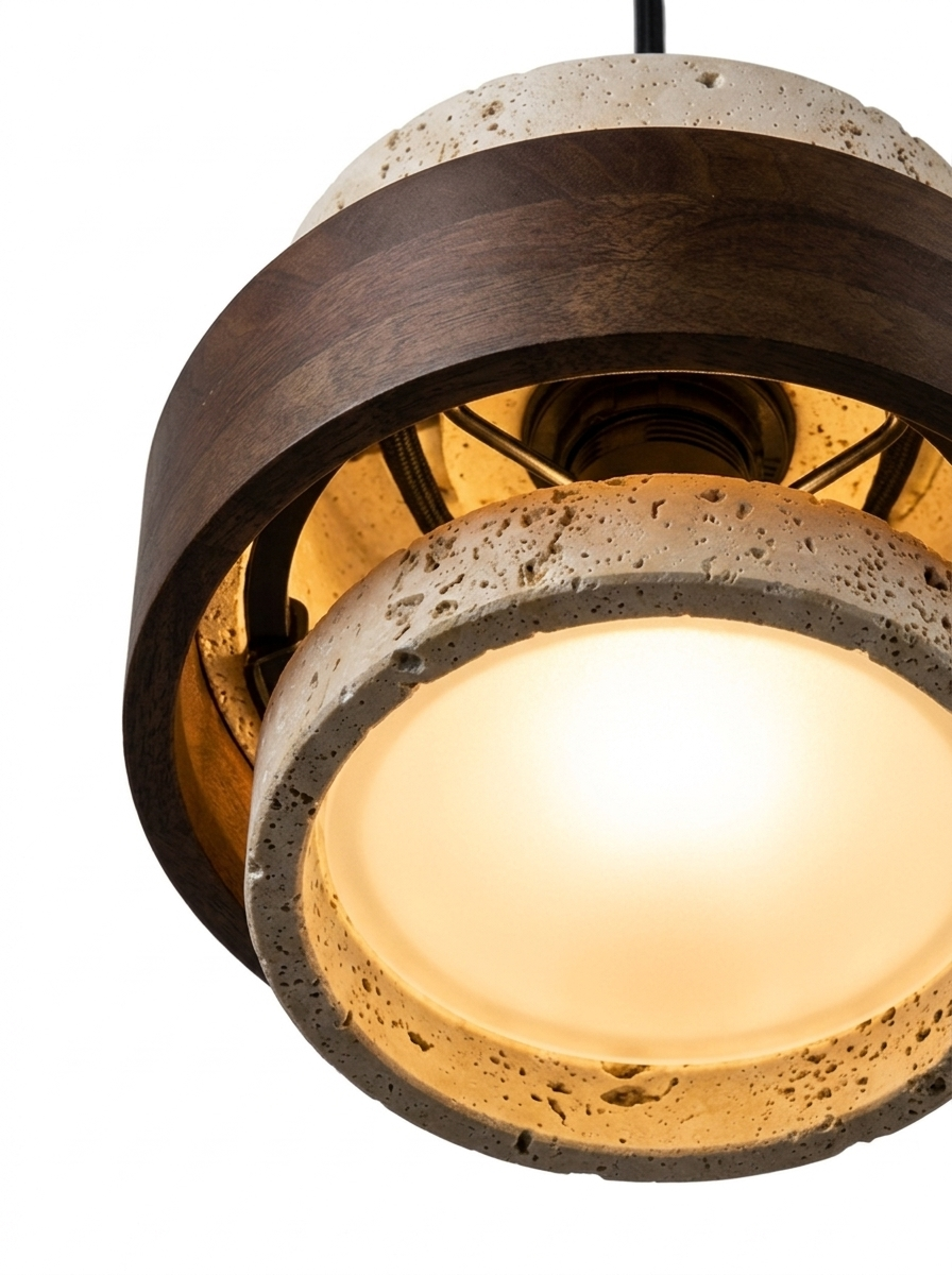 Close-up looking up into the warm glowing diffuser inside the stone shade