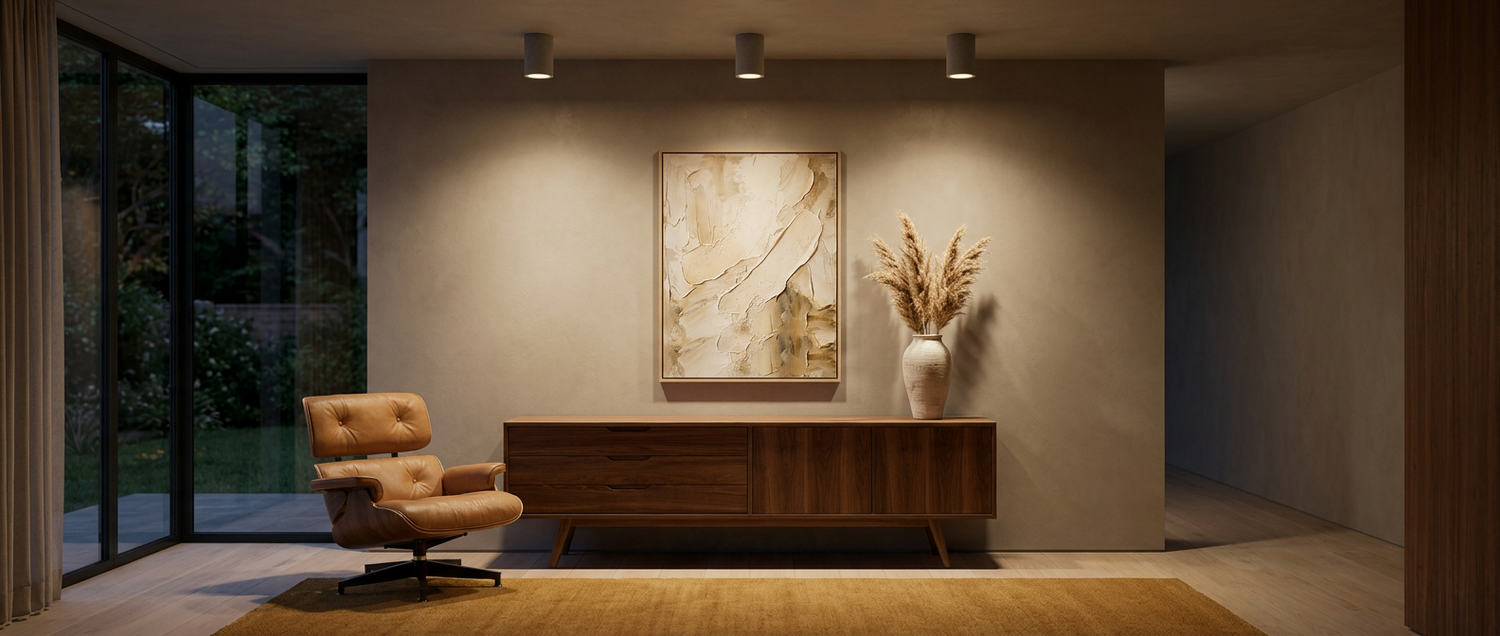 Joss concrete downlights casting warm pools in a mid-century modern living room lifestyle