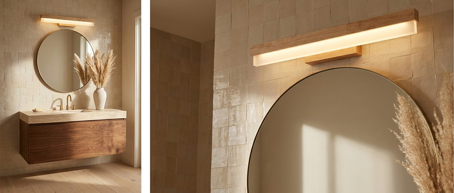 Nova oak vanity light glowing above a round mirror in a mid-century modern bathroom lifestyle