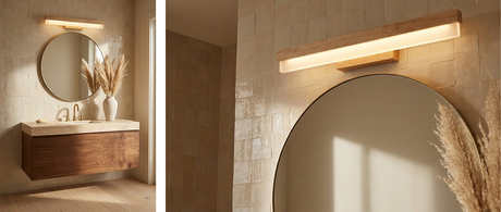 Nova oak vanity light glowing above a round mirror in a mid-century modern bathroom lifestyle
